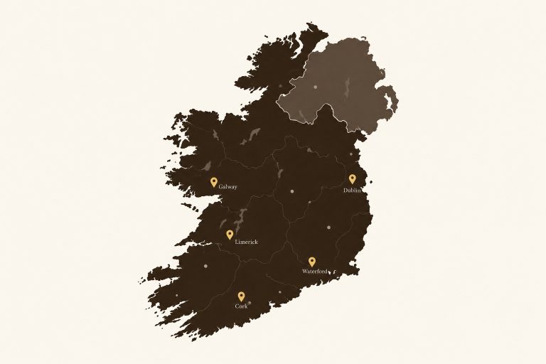 Map-of-Ireland-marking-Dublin,-Cork,-Galway,-Limerick-and-Waterford