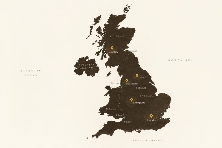 Map-of-the-UK-marking-London- Manchester- Birmingham- Leeds-and-Glasgow